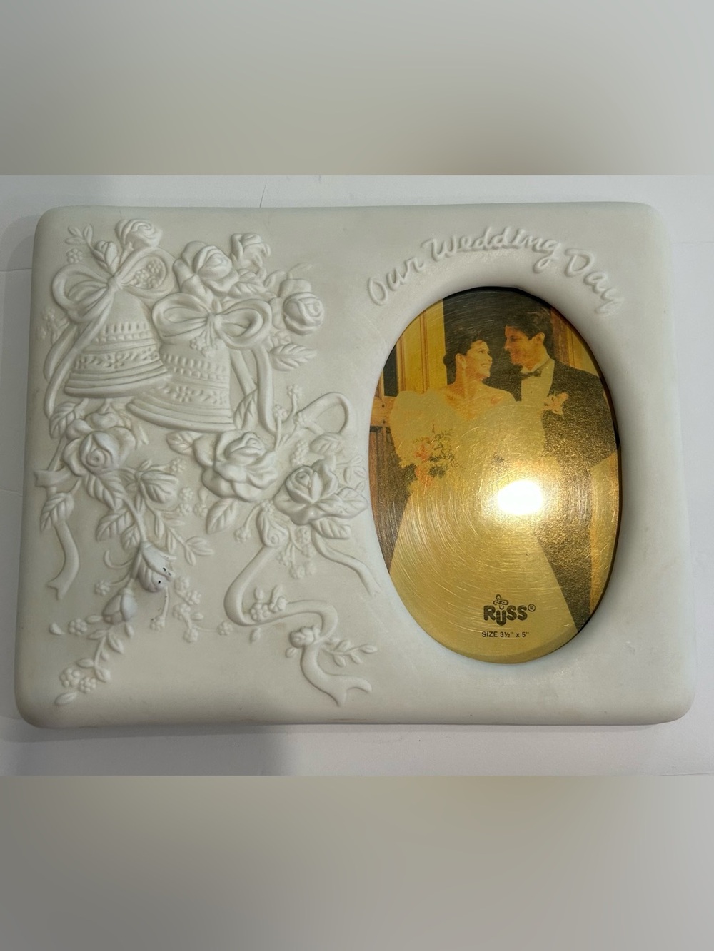 VTG Russ Our Wedding Day Ceramic Off White Picture Frame Bells